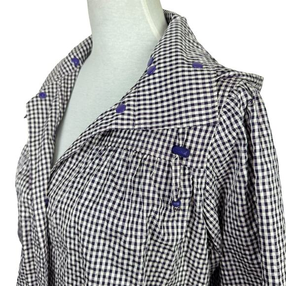 Riccini Purple White Gingham Hooded Snap Front Long Windbreaker Rain Jacket - Picture 5 of 9